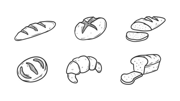 Hand-Drawn Collection of Various Bread Types and Bakery Products in Sketch Style vector