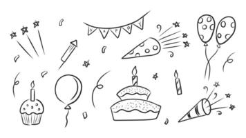 Hand-Drawn Doodle Collection of Party Elements and Birthday Celebration Decorations vector