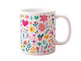 White mug with floral and heart patterns png