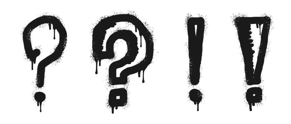 Set of Spray painted graffiti question marks and exclamation mark in black over white