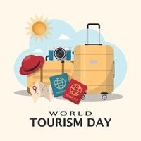 World Tourism Day Poster. Travel gear vector