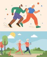 Seniors running and walking in nature vector