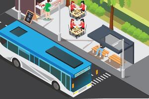 City bus at a food vendor and diners vector