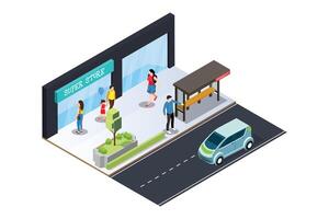 Super store with people and bus stop vector
