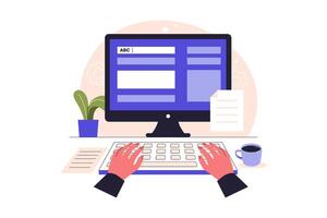 computer workspace with keyboard and coffee vector