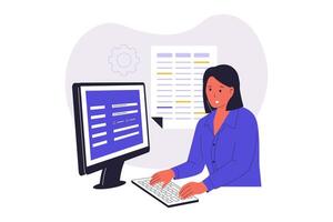 Woman typing on computer at desk vector