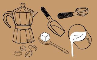 Hand-Drawn barista tools and coffee making doodle grunge, artistic, doodle, trendy style tasty coffee concept Illustration isolated design elements set vector