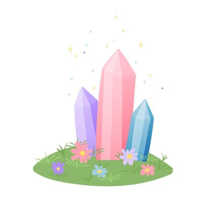 Hill with three colorful crystals and flowers