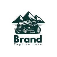 Tractor mower logo with mountain, ideal for lawn care business. vector
