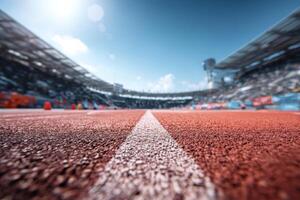 Running track with line leading into blurred stadium photo