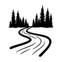 Black silhouette of a winding road through a pine forest hand drawing illustration vector