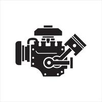Stylized black silhouette of a mechanical engine with piston and crankshaft vector