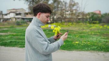 Man Showing Flowers To His Loved One While Having A Videocall Outdoor video
