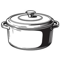 Black and white illustration of a cooking pot with a lid and handles kitchenware cookware vector