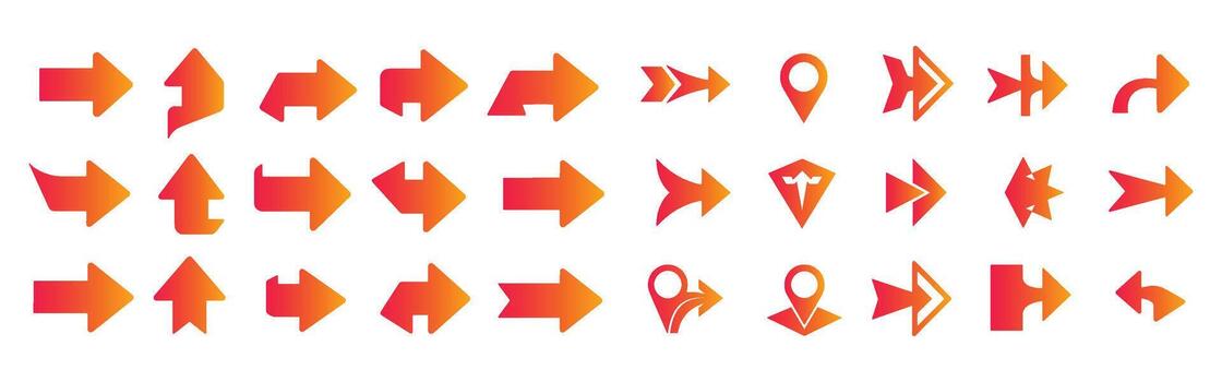 collection of modern orange gradient arrows in various shapes and directions for design elements vector