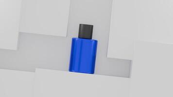 3D Perfume Bottle Showcase. Blue Bottle with Black Cap on White Geometric Base. 4K video