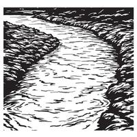 Ink illustration of a flowing river through rocky banks in a black and white style vector