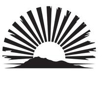 illustration of a stylized sunset above mountains with radiating sunbeams silhouette. vector