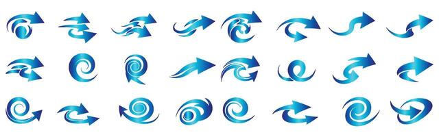 Collection of diverse blue arrow icons and symbols representing direction and movement vector