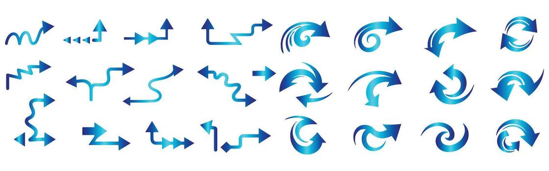 Collection of gradient blue arrows in diverse styles for directional and navigation concepts vector