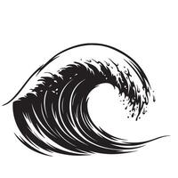 Black and white illustration of a powerful ocean wave breaking against a white background vector