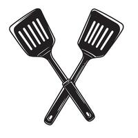 Crossed black spatulas with slotted heads kitchen utensils cooking tools vector