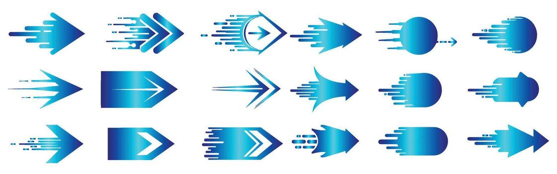 colección de dinámica azul flecha diseños representando dirección y velocidad en varios estilos vector