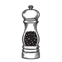 Black and white illustration of a vintage pepper mill filled with peppercorns grinder seasoning vector
