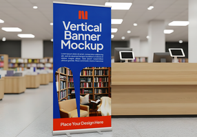 Vertical Banner Mockup in Library Setting psd
