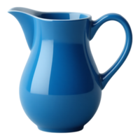 Blue ceramic pitcher with handle and spout, isolated on transparent background. png