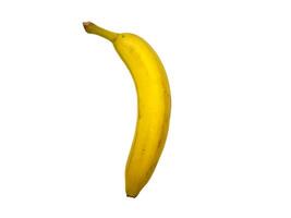 A banana is shown on a white background, copy space, flat lay, one banana photo