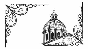 A black and white drawing of a dome with ornate scrollwork vector