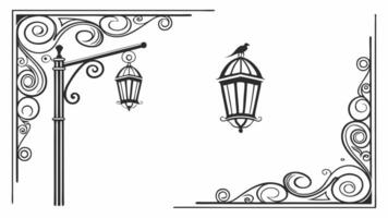 A black and white drawing of a street lamp and a bird vector
