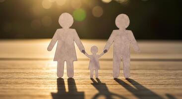 Paper Cutout Family Holding Hands in Sunlight, Representing Love, Togetherness, and Unity. photo