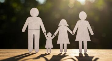 Paper Cutout Family Holding Hands, Symbolizing Togetherness, Love, and Family Unity Outdoors. photo