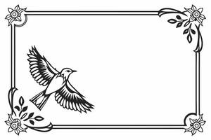 A black and white drawing of a bird flying over a floral frame vector