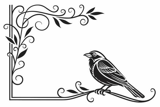 Bird on a branch with scrollwork and vines vector