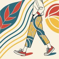 A poster with a woman walking with a colorful background vector