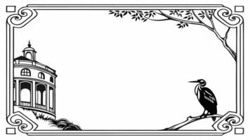 A black and white drawing of a bird and a building vector