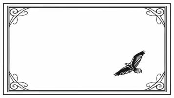 A black and white drawing of an eagle flying over a frame vector
