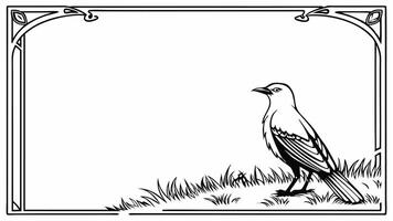 A black and white drawing of a bird in a frame vector