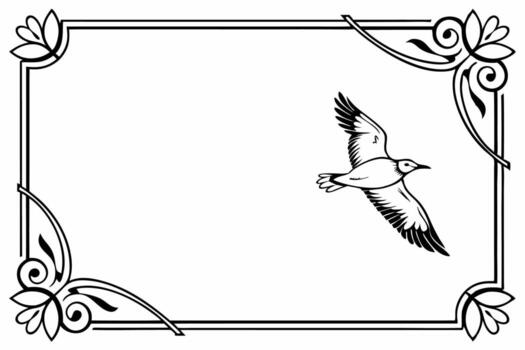 A bird flying in a frame with a scroll vector