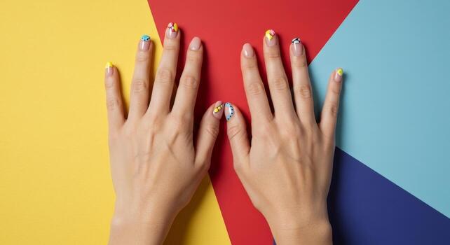 Hands with Manicured Nails, Abstract Colorful Design on a Geometric Background, Top View. photo