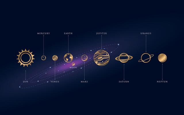 illustration of planets in the solar system. There are many stars such as the Sun, Mercury, Venus, Earth, Moon, Mars, Jupiter, Saturn, Uranus and Neptune. Golden color tone.