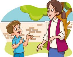 Mother listening to her child, telling, pointing, asking for help, complaining vector