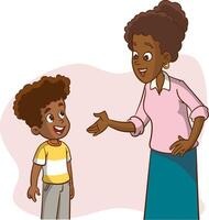 Mother listening to her child, telling, pointing, asking for help, complaining. mother and child talking to each other illustration.little boy chatting with their mothers and feeling happy vector