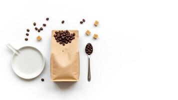 Coffee Beans and Sugar Cubes Arrangement on White Background, Overhead View. photo