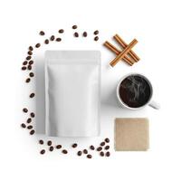 Aromatic Coffee Break Flatlay of Coffee Beans, Cinnamon Sticks, Blank Pouch, and Steaming Mug photo