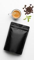 Espresso, Coffee Beans, Stevia, and Black Packaging Mockup Minimalist Flatlay photo