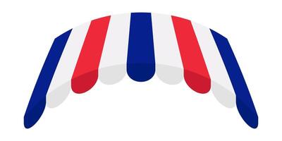 Striped Market Tent . Red White Blue Canopy for Storefront or Restaurant. Sunshade for Outdoor Cafe Circus Fair or Festival. Awning Roof on White Background. vector